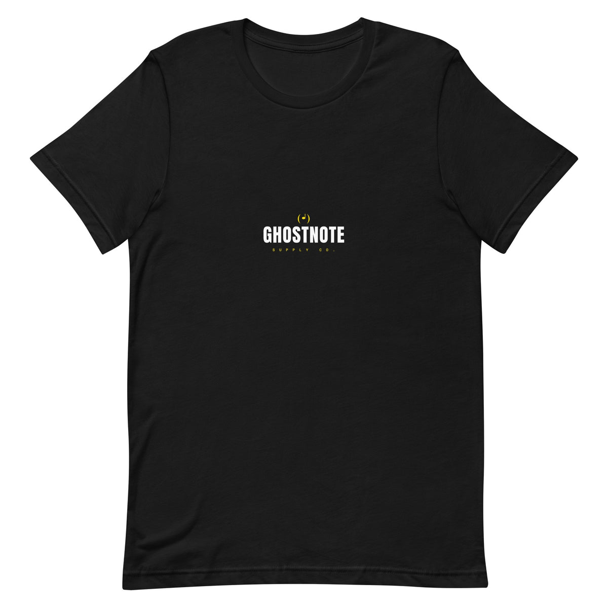 Black t-shirt with the white 'GHOSTNOTE SUPPLY CO.' wordmark logo — Ghostnote branded streetwear tee, flat front