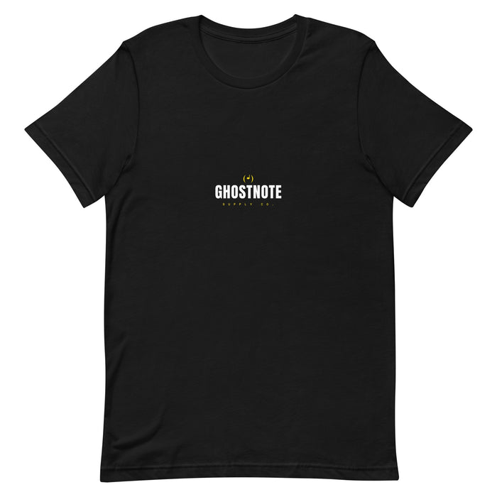 Black t-shirt with the white 'GHOSTNOTE SUPPLY CO.' wordmark logo — Ghostnote branded streetwear tee, flat front
