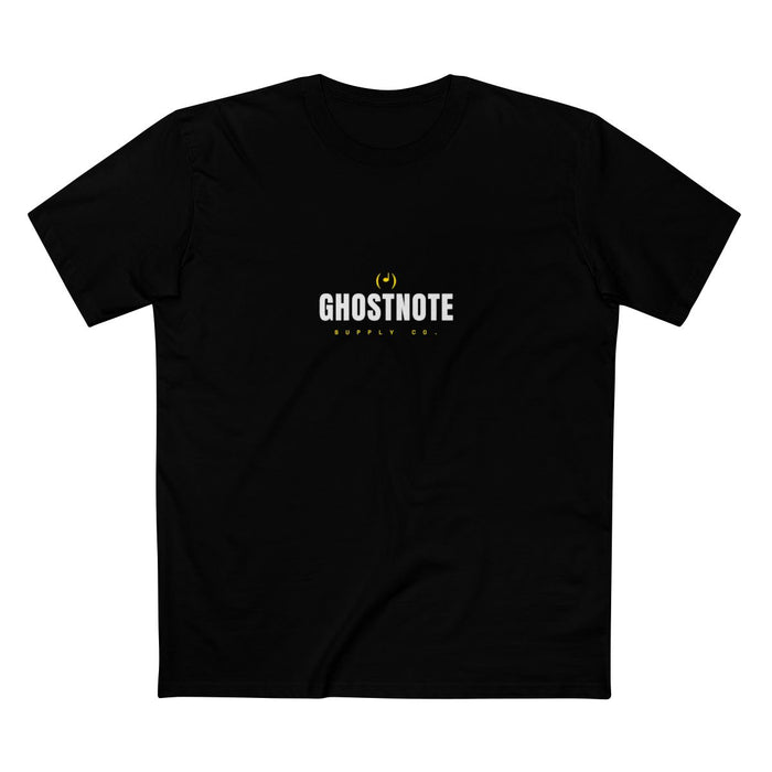 Black t-shirt with the white 'GHOSTNOTE SUPPLY CO.' wordmark logo — Ghostnote branded streetwear tee