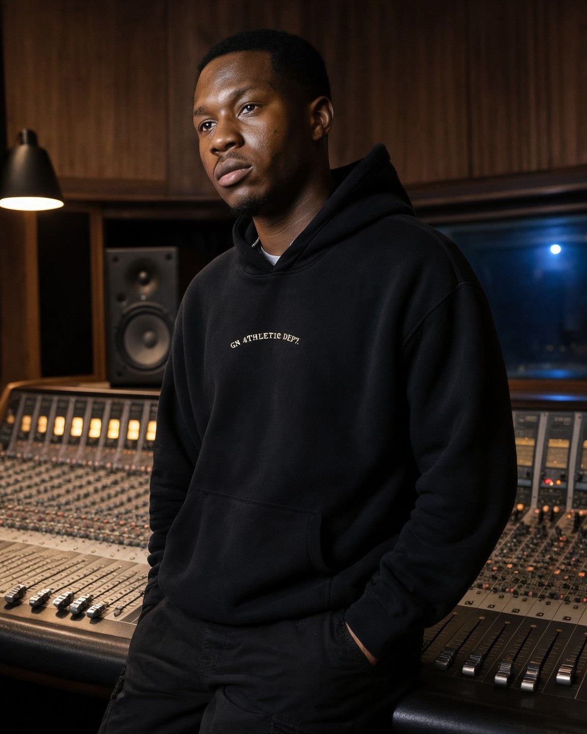 Model wearing the GN Athletic Dept. Oversized Hoodie in Black