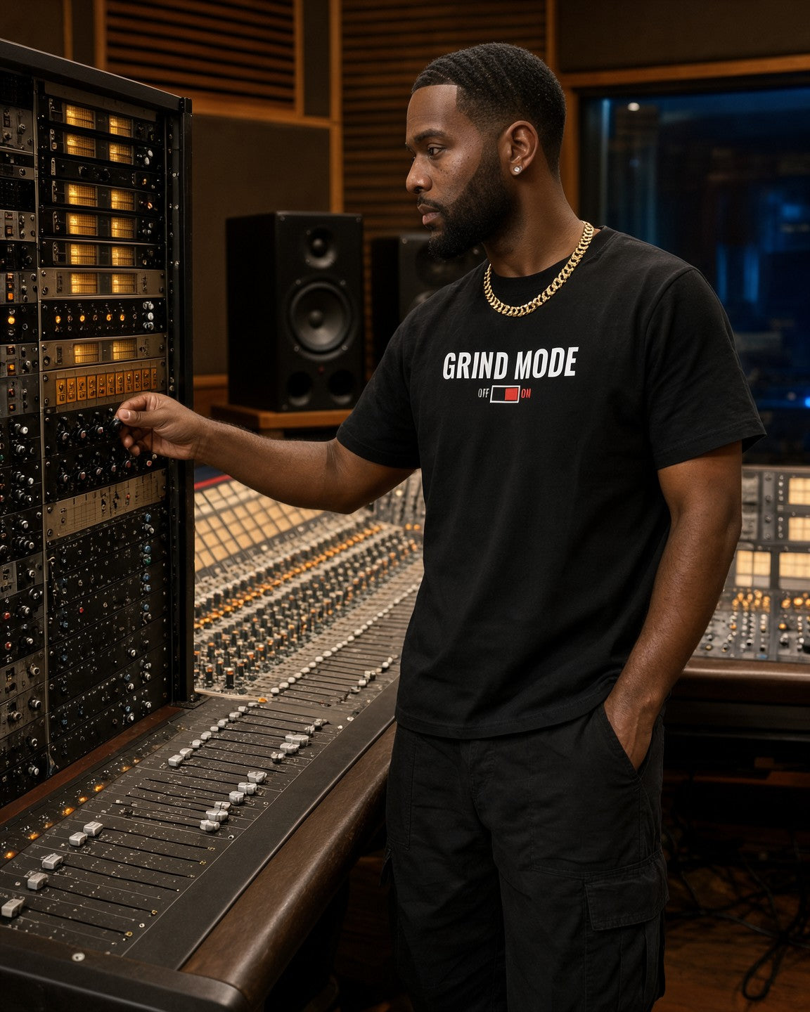 Model wearing the Grind Mode Tee in Black