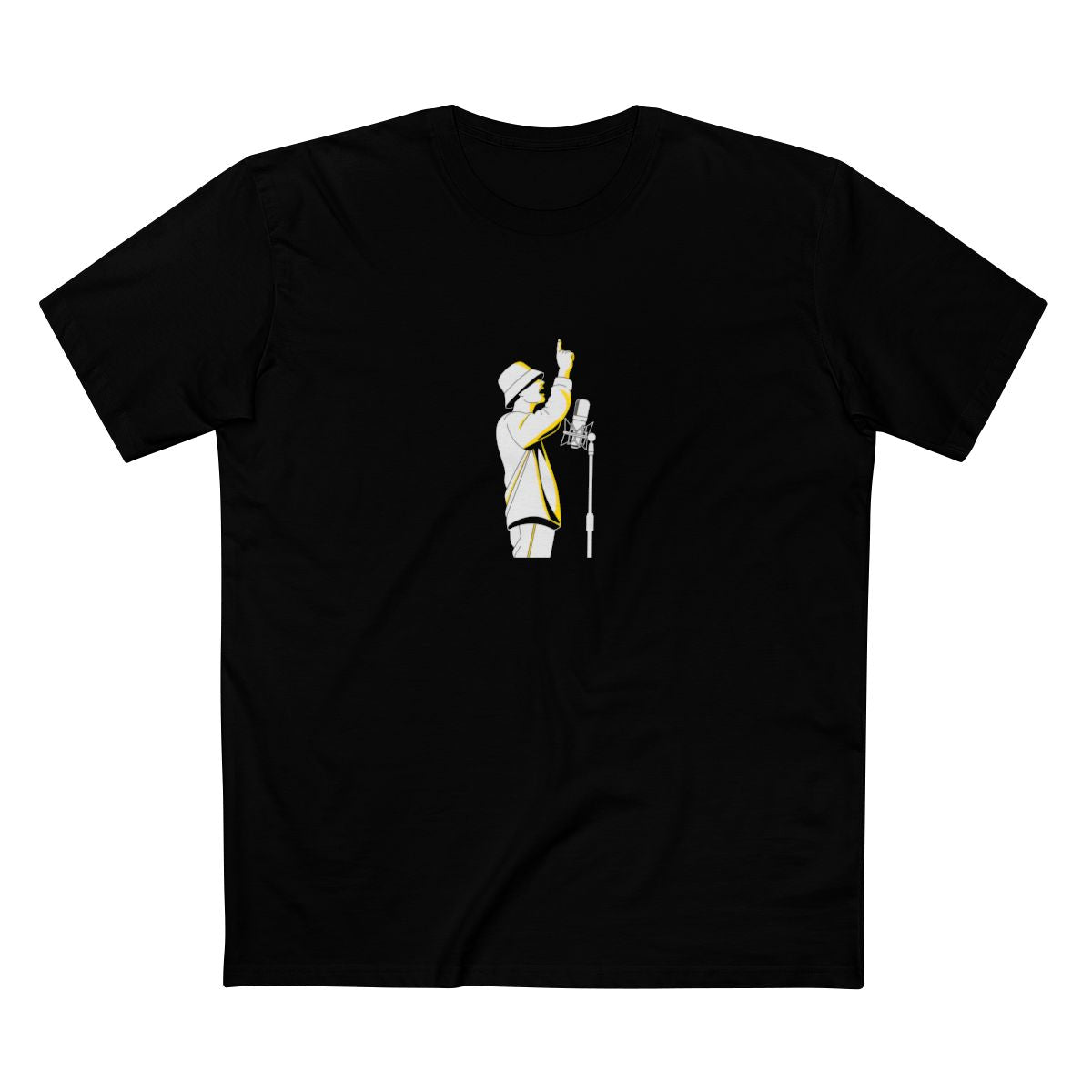 Black t-shirt with a white-and-yellow illustration of a rapper at a mic with arm raised — Ghostnote rapper streetwear tee, flat front