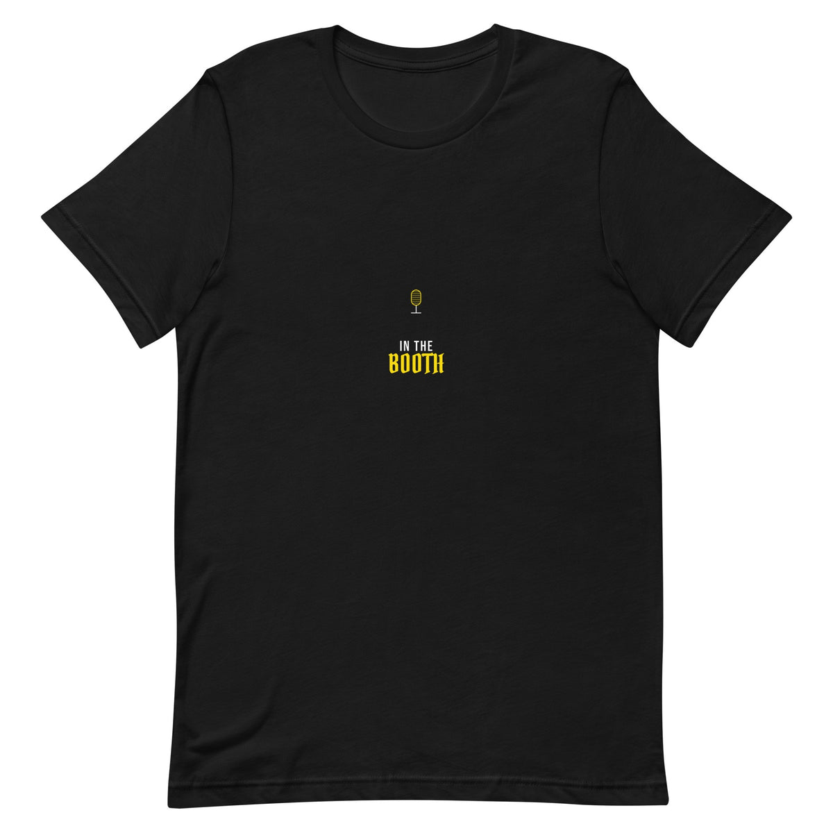 Black t-shirt with a gold studio microphone icon and 'IN THE BOOTH' text — Ghostnote rapper streetwear tee, flat front