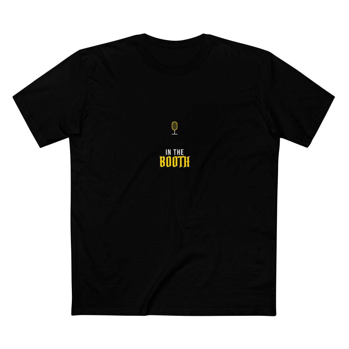 Black t-shirt with a gold studio microphone icon and 'IN THE BOOTH' text — Ghostnote rapper streetwear tee, flat front