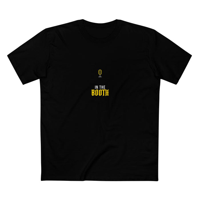 Black t-shirt with a gold studio microphone icon and 'IN THE BOOTH' text — Ghostnote rapper streetwear tee