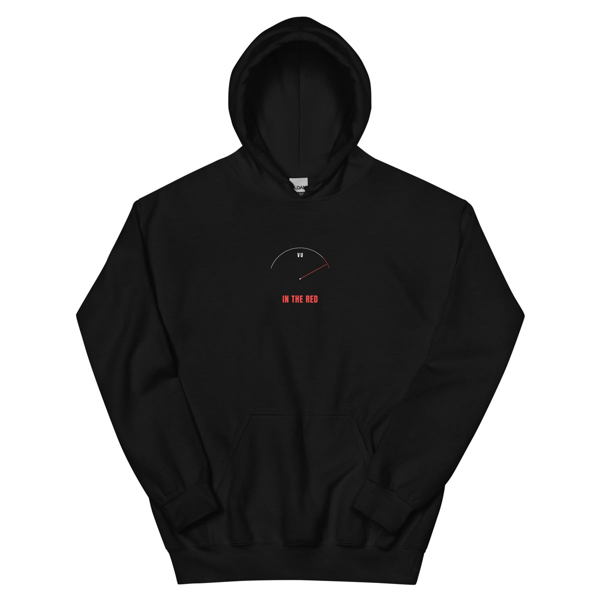 Black hoodie with a VU meter, the needle pegged into the red, and 'IN THE RED' — Ghostnote audio engineer streetwear, flat front
