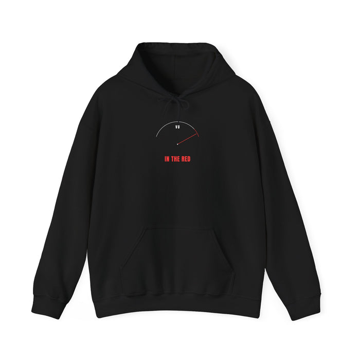 Black hoodie with a VU meter, the needle pegged into the red, and 'IN THE RED' — Ghostnote audio engineer streetwear