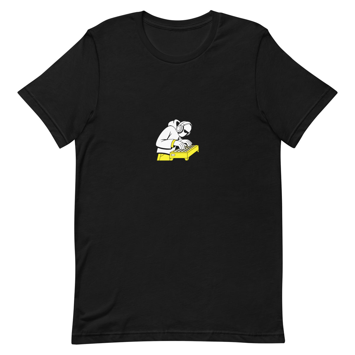 Black t-shirt with a white-and-yellow illustration of a beatmaker in headphones over an MPC — Ghostnote music producer tee, flat front