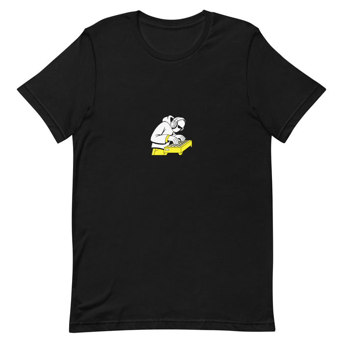 Black t-shirt with a white-and-yellow illustration of a beatmaker in headphones over an MPC — Ghostnote music producer tee, flat front