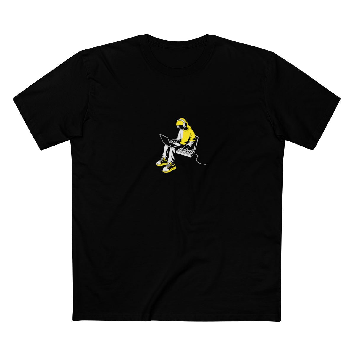 Black t-shirt with a white-and-yellow illustration of a producer making beats on a laptop — Ghostnote music producer tee, flat front
