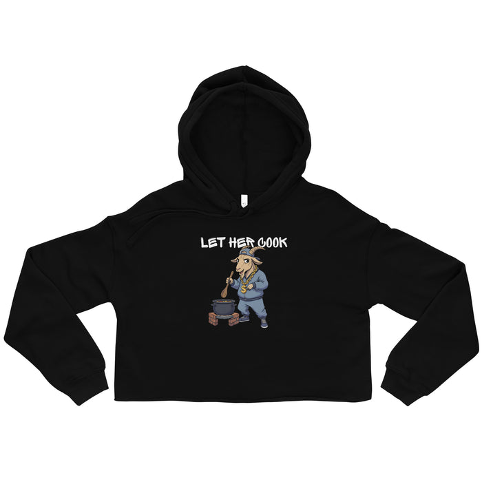 Let Her Cook women's cropped hip hop hoodie in Black, flat front