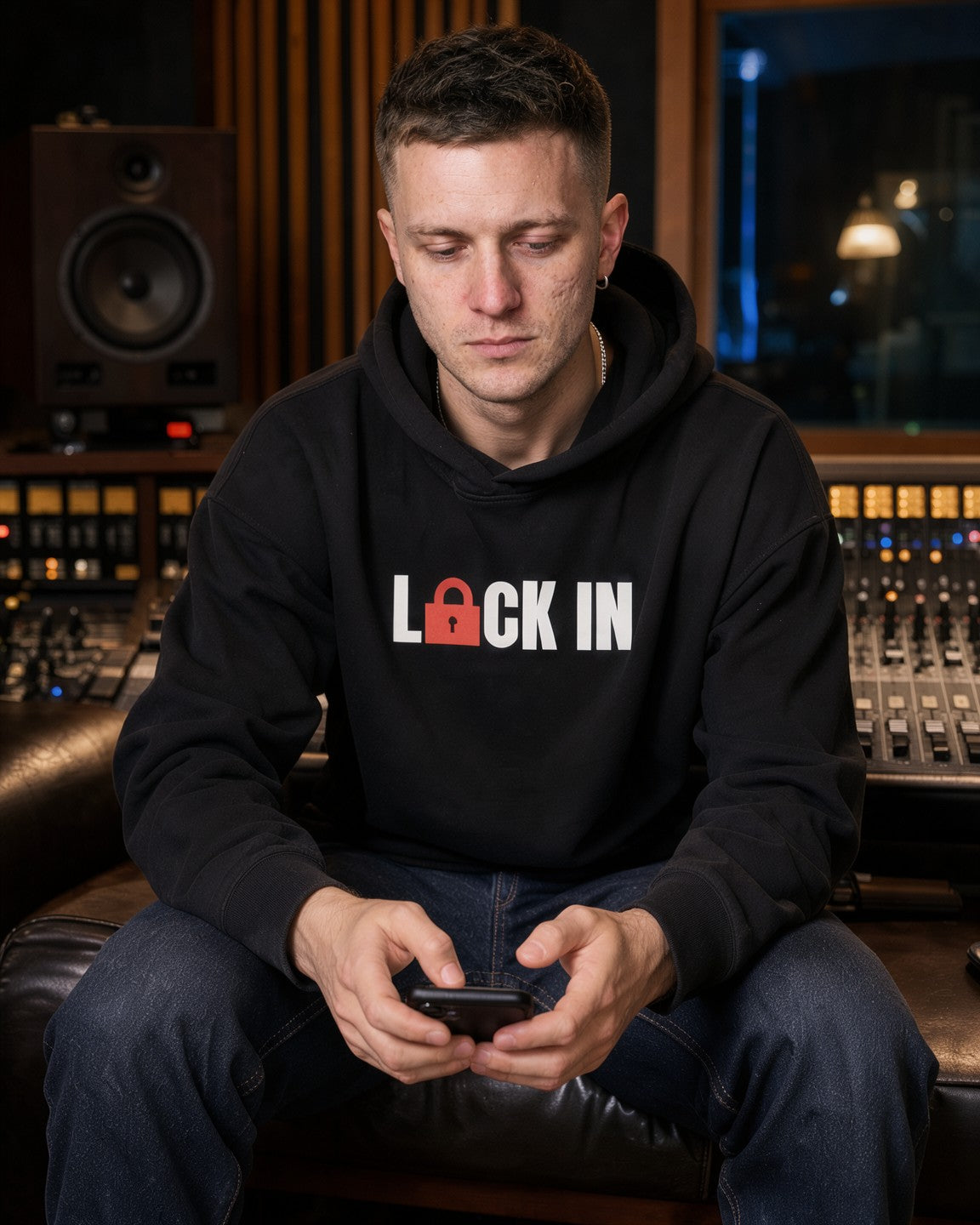 Model wearing the Lock In Hoodie in Black