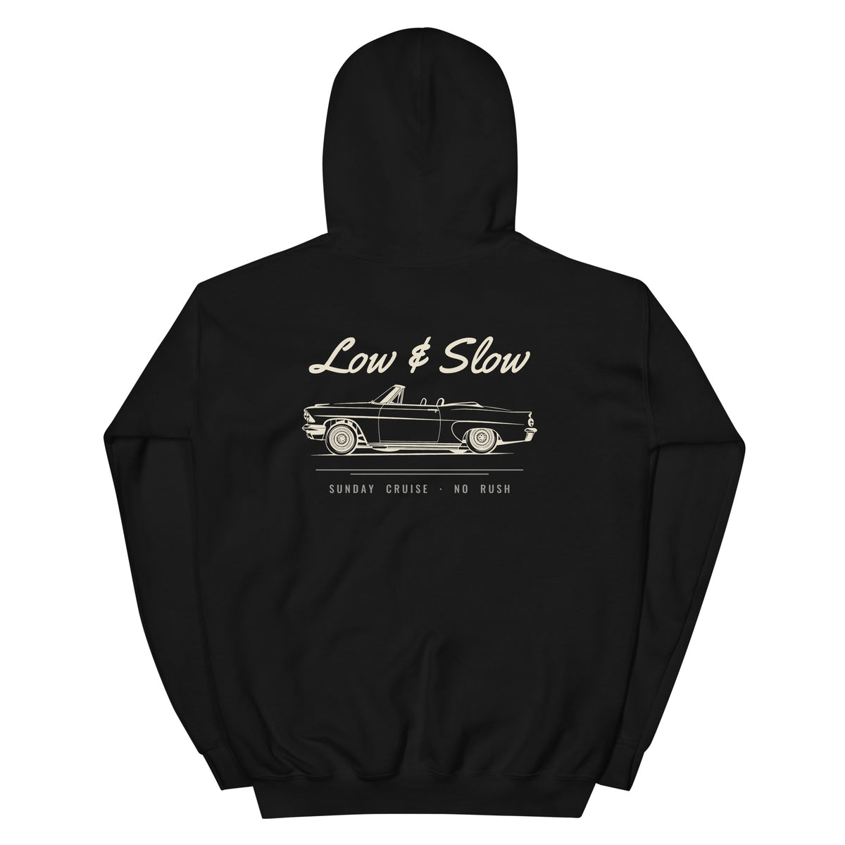 Low & Slow hip hop hoodie in Black, flat back