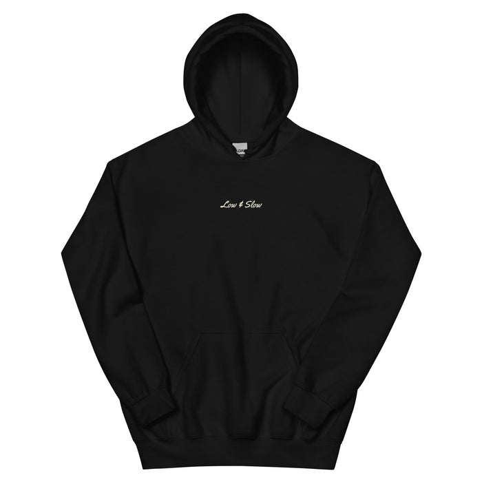 Low & Slow hip hop hoodie in Black, flat front