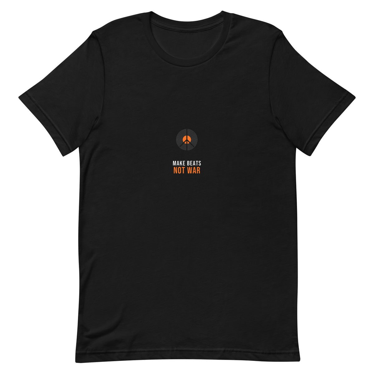 Black t-shirt with a vinyl-record peace sign and 'MAKE BEATS NOT WAR' text in orange and red — Ghostnote music producer tee, flat front