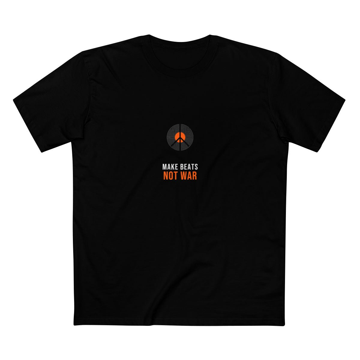Black t-shirt with a vinyl-record peace sign and 'MAKE BEATS NOT WAR' text in orange and red — Ghostnote music producer tee, flat front