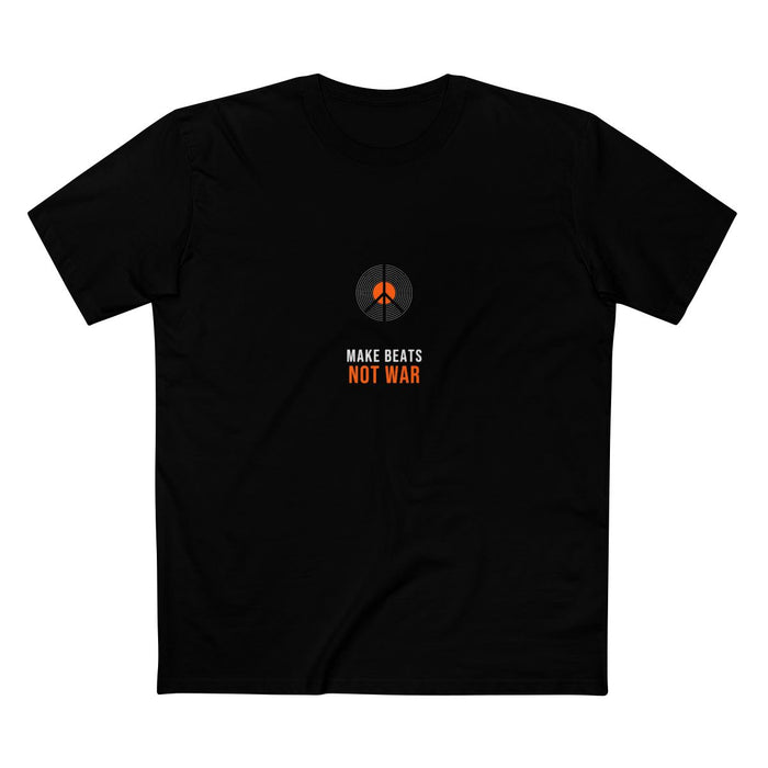 Black t-shirt with a vinyl-record peace sign and 'MAKE BEATS NOT WAR' text in orange and red — Ghostnote music producer tee