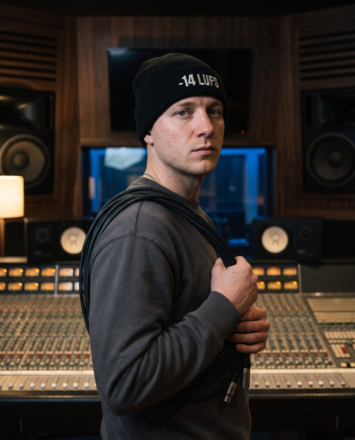 Model wearing the -14 LUFS beanie in Black in a recording studio control room