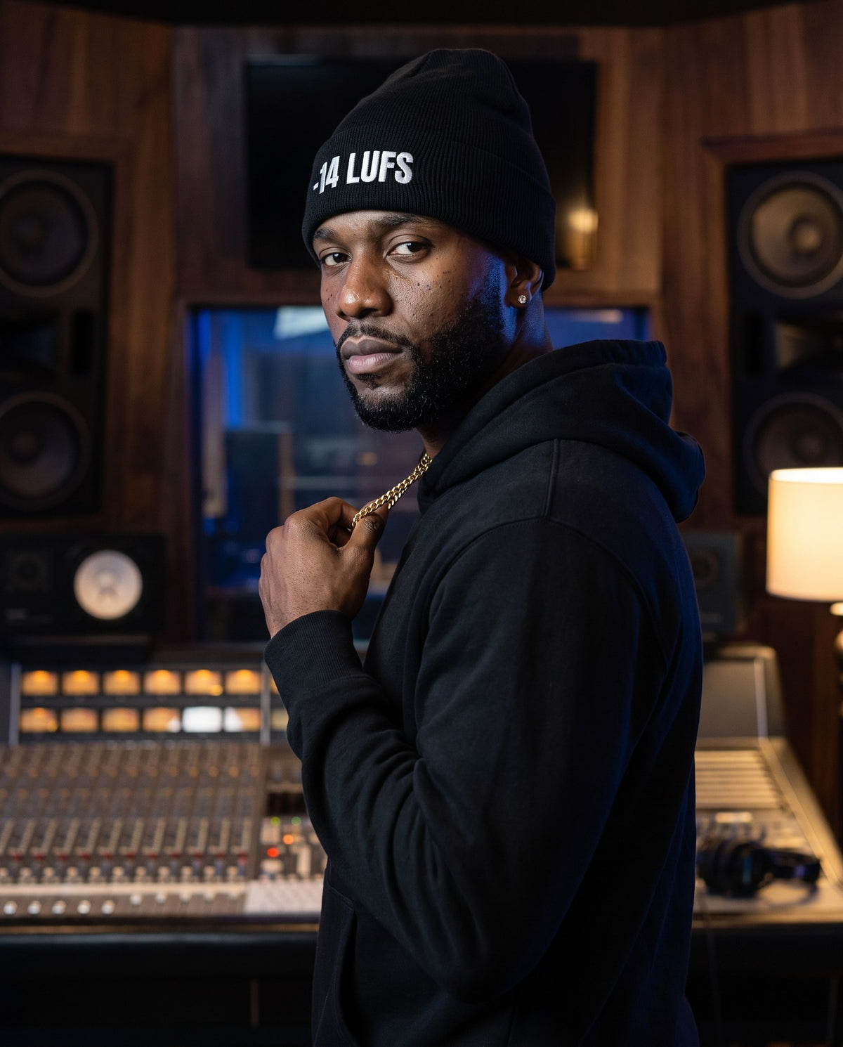 Model wearing the -14 LUFS beanie in Black in a recording studio control room