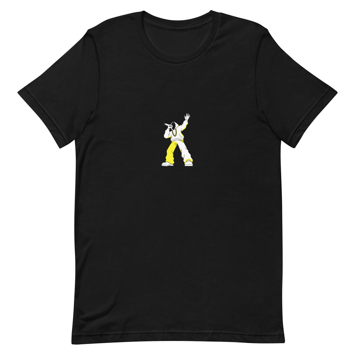 Black t-shirt with a white-and-yellow illustration of a rapper performing energetically — Ghostnote rapper streetwear tee, flat front