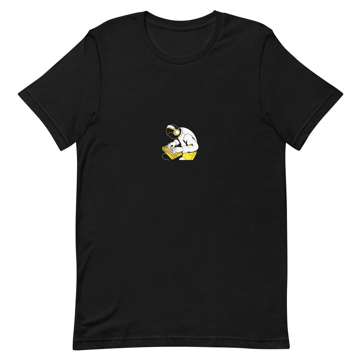 Black t-shirt with a white-and-yellow illustration of a beatmaker playing an MPC drum machine — Ghostnote music producer tee, flat front