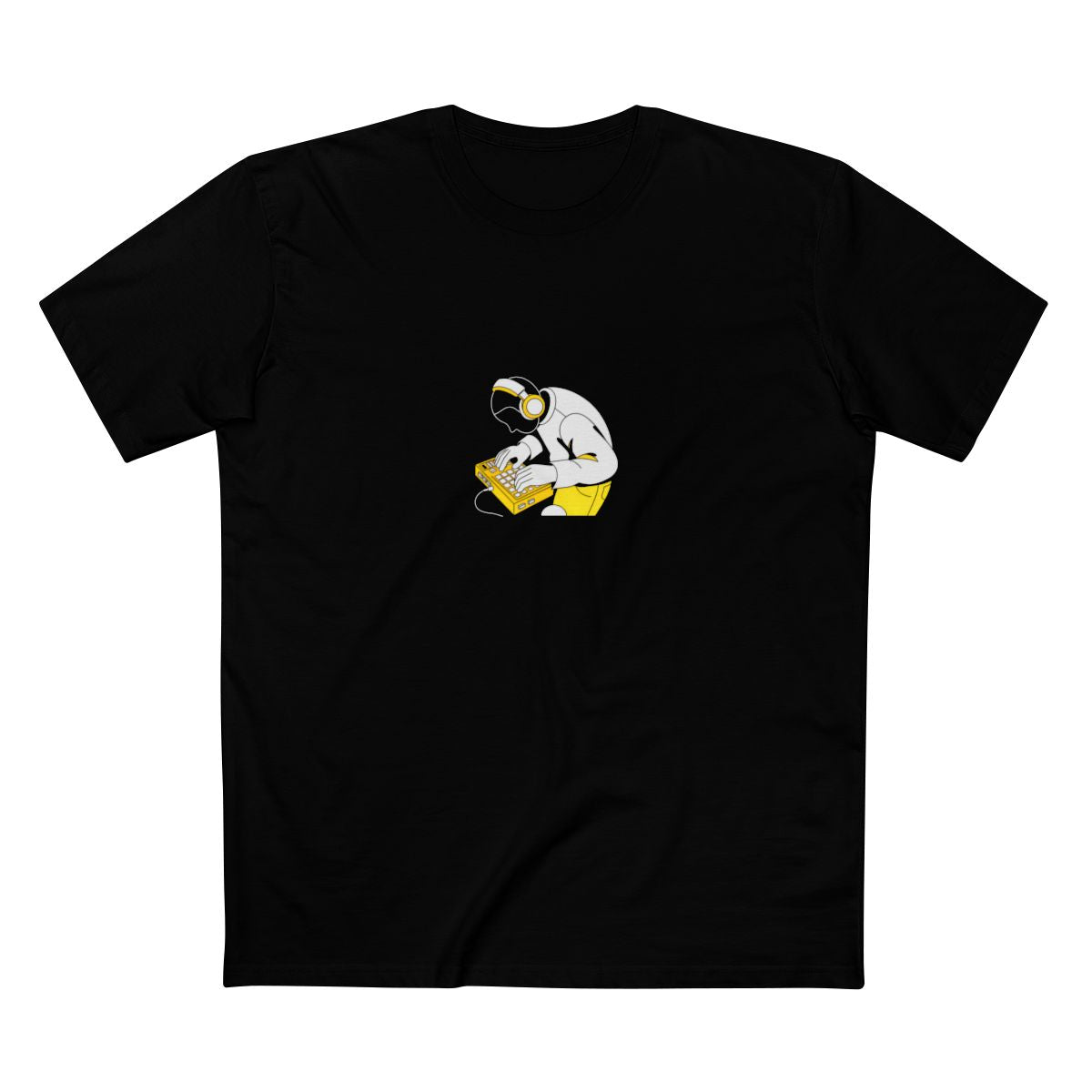 Black t-shirt with a white-and-yellow illustration of a beatmaker playing an MPC drum machine — Ghostnote music producer tee, flat front