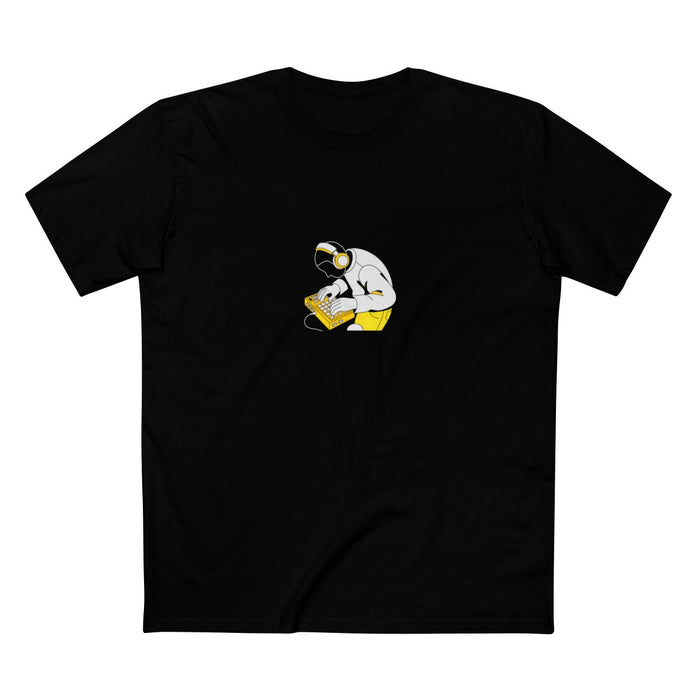 Black t-shirt with a white-and-yellow illustration of a beatmaker playing an MPC drum machine — Ghostnote music producer tee