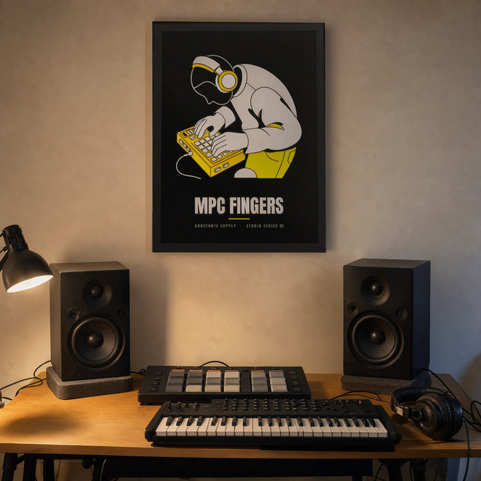 MPC Fingers Studio Poster framed on a home studio wall above a beat-making desk