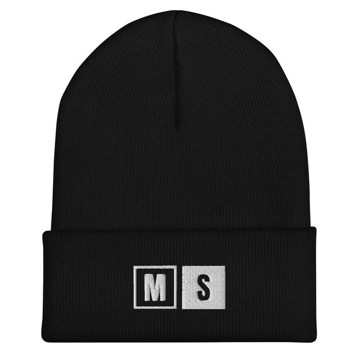 Mute / Solo hip hop beanie, black cuffed knit with white M and S mixer buttons embroidered, flat front