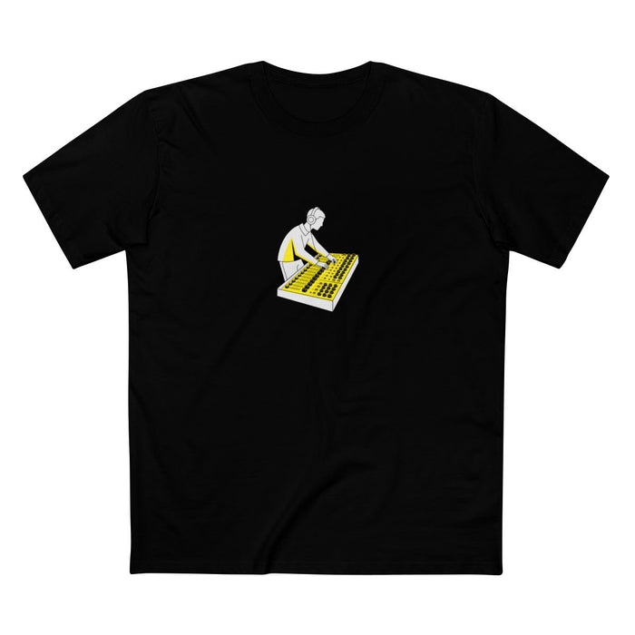 Black t-shirt with a white-and-yellow illustration of an audio engineer working at a mixing console — Ghostnote streetwear tee