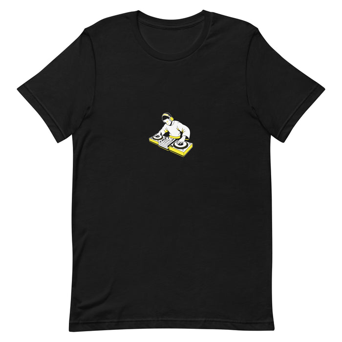 Black t-shirt with a white-and-yellow illustration of a DJ at the turntables — Ghostnote hip-hop streetwear tee, flat front