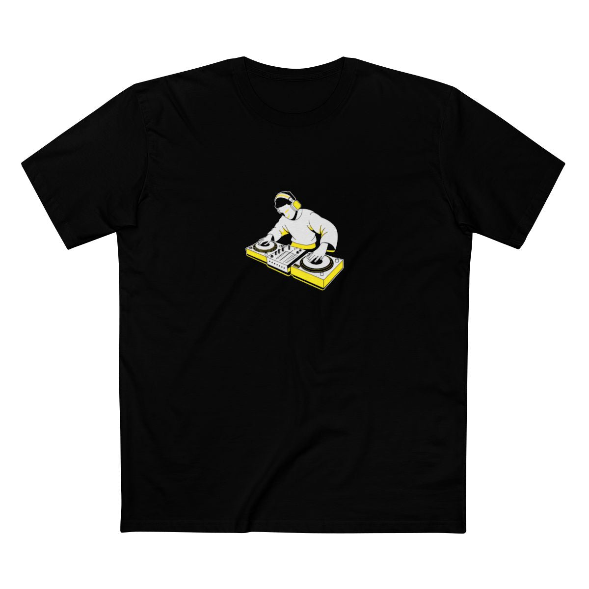 Black t-shirt with a white-and-yellow illustration of a DJ at the turntables — Ghostnote hip-hop streetwear tee, flat front