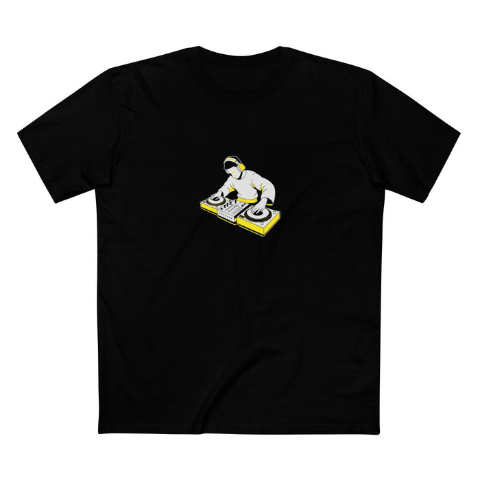 Black t-shirt with a white-and-yellow illustration of a DJ at the turntables — Ghostnote hip-hop streetwear tee