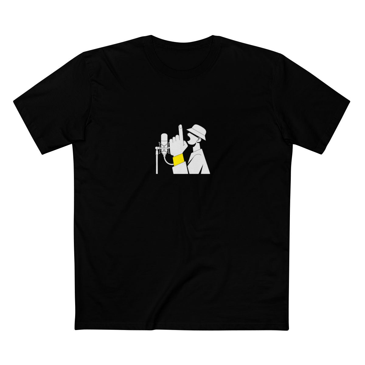 Black t-shirt with a white illustration of a hip-hop MC in a hat rapping into a studio condenser microphone, finger raised with a yellow wristband — Ghostnote 'On The Mic' rapper streetwear tee, flat front