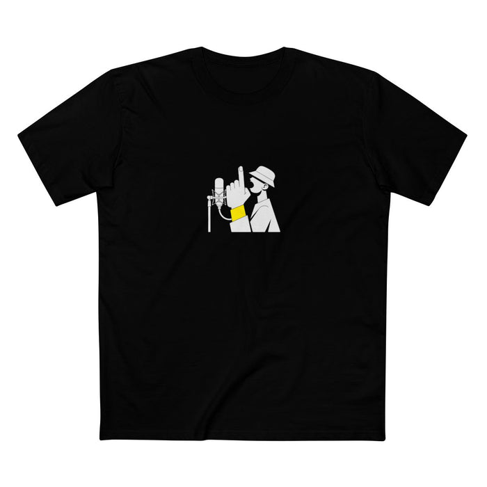 Black t-shirt with a white illustration of a hip-hop MC in a hat rapping into a studio condenser microphone, finger raised with a yellow wristband — Ghostnote 'On The Mic' rapper streetwear tee