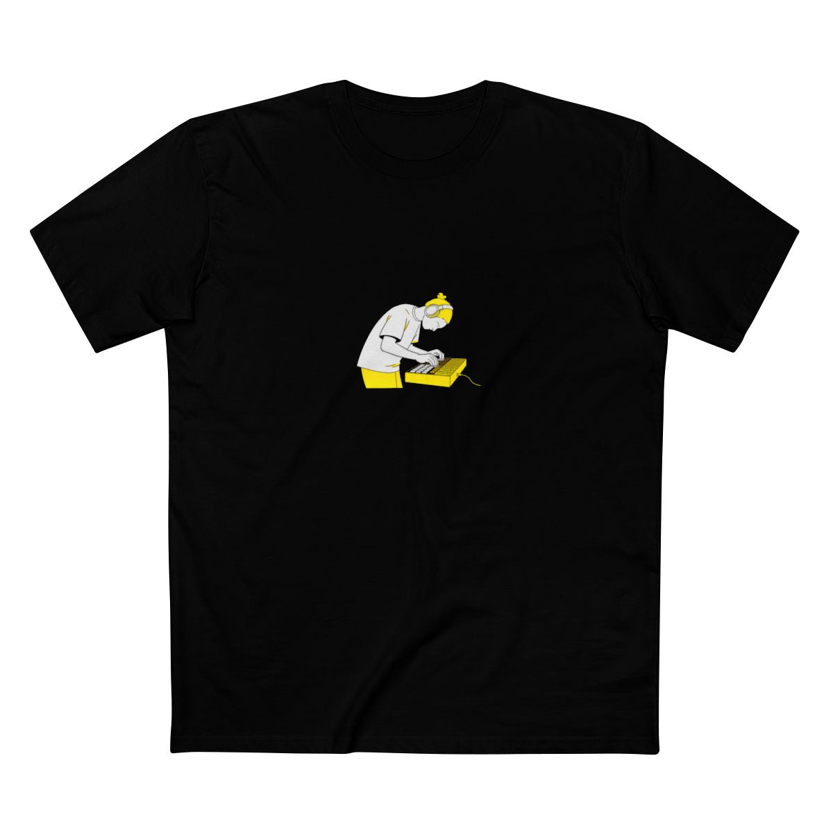Black t-shirt with a white-and-yellow illustration of a producer on an MPC drum machine — Ghostnote music producer tee, flat front