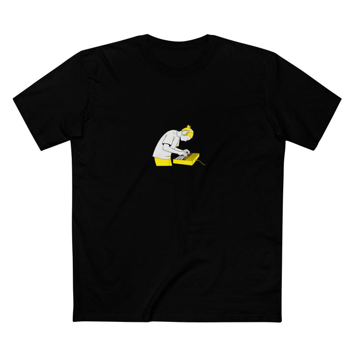 Black t-shirt with a white-and-yellow illustration of a producer on an MPC drum machine — Ghostnote music producer tee
