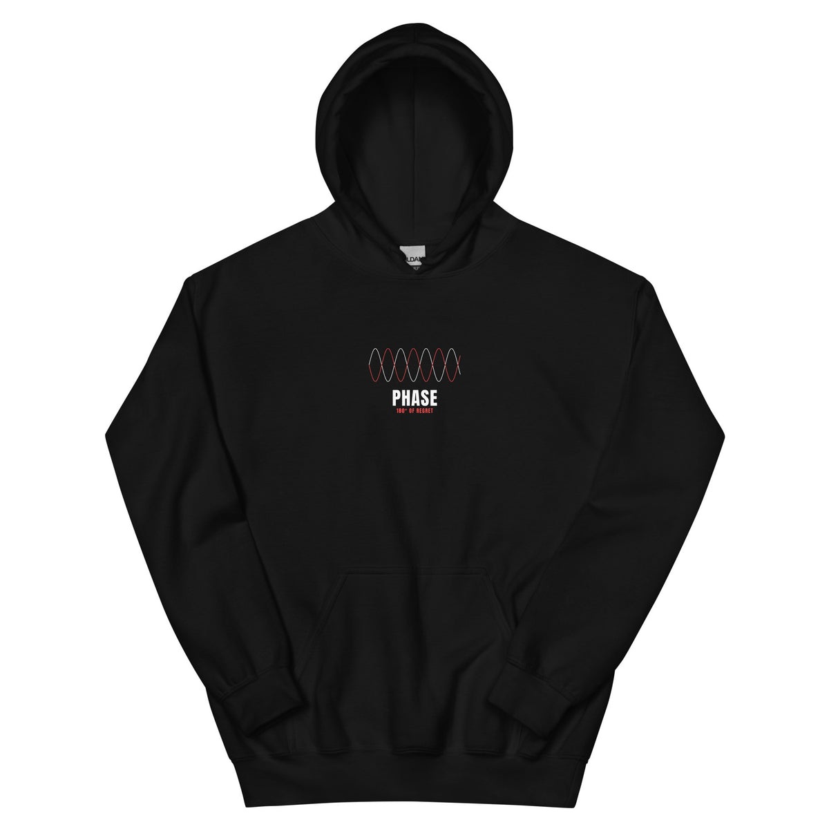 Black hoodie with two out-of-phase sine waves (one red) and the word 'PHASE' on the chest — Ghostnote audio engineer streetwear, flat front