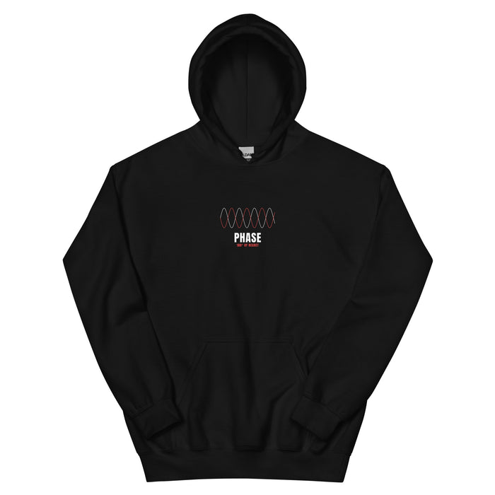 Black hoodie with two out-of-phase sine waves (one red) and the word 'PHASE' on the chest — Ghostnote audio engineer streetwear, flat front