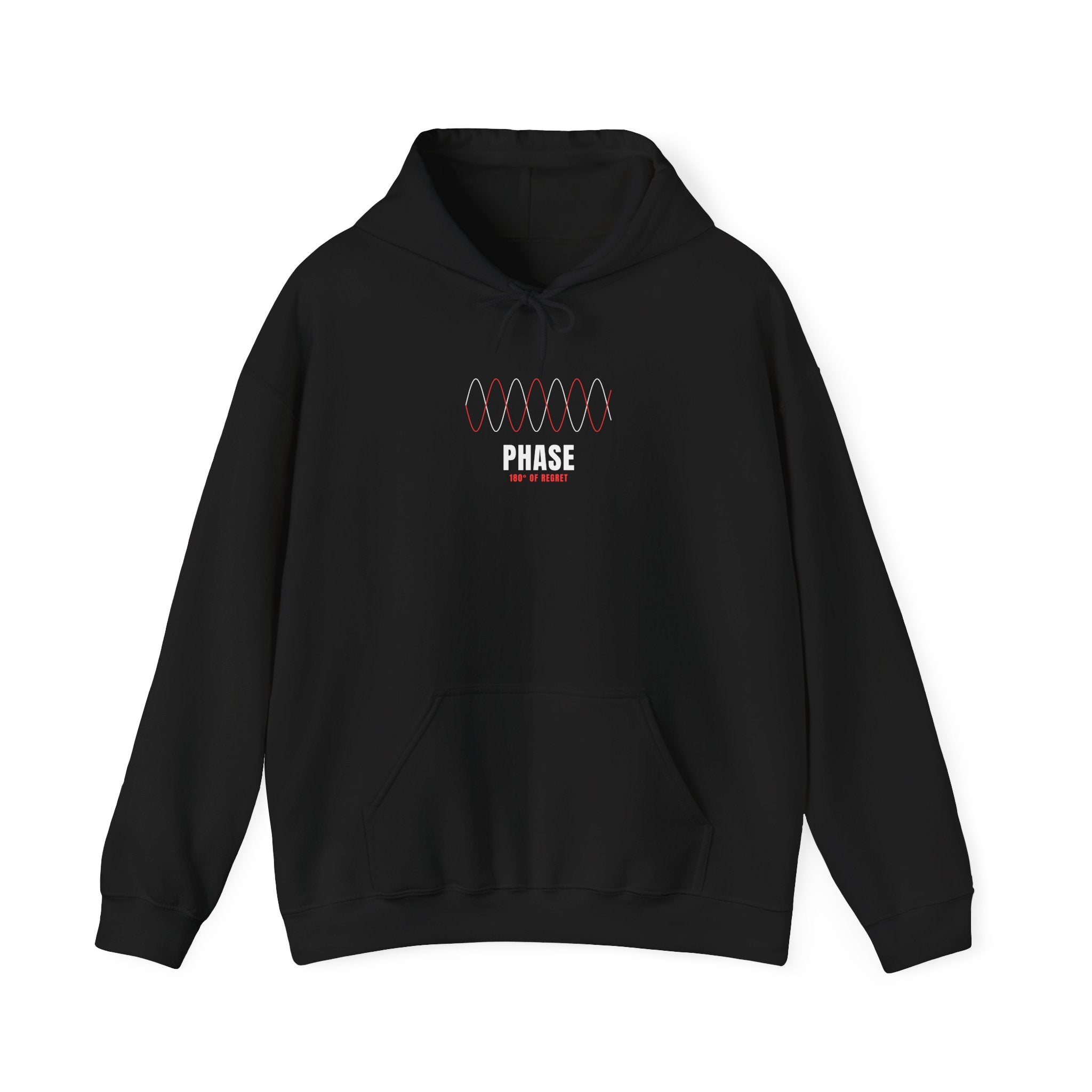 Black hoodie with two out-of-phase sine waves (one red) and the word 'PHASE' on the chest — Ghostnote audio engineer streetwear