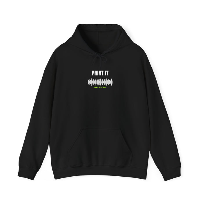 Black hoodie with a rendered waveform and bold 'PRINT IT' on the chest — Ghostnote studio engineer streetwear