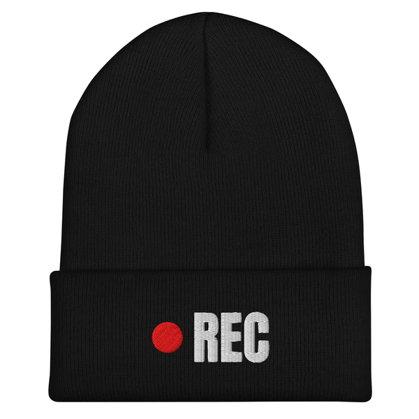 REC hip hop beanie, black cuffed knit with a red dot and white REC embroidery, flat front