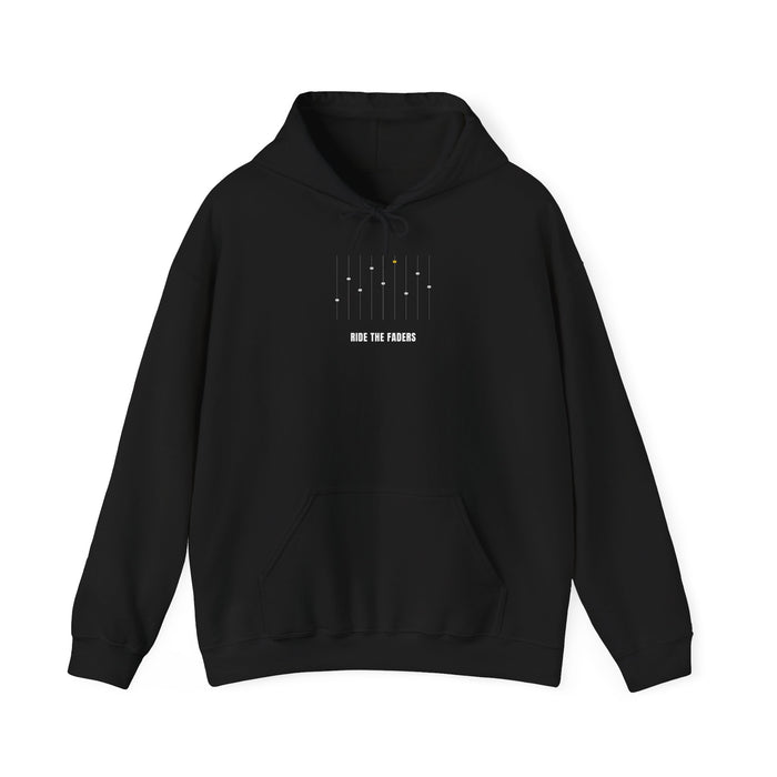 Black hoodie with a mixing-console fader bank and 'RIDE THE FADERS' on the chest — Ghostnote audio engineer streetwear