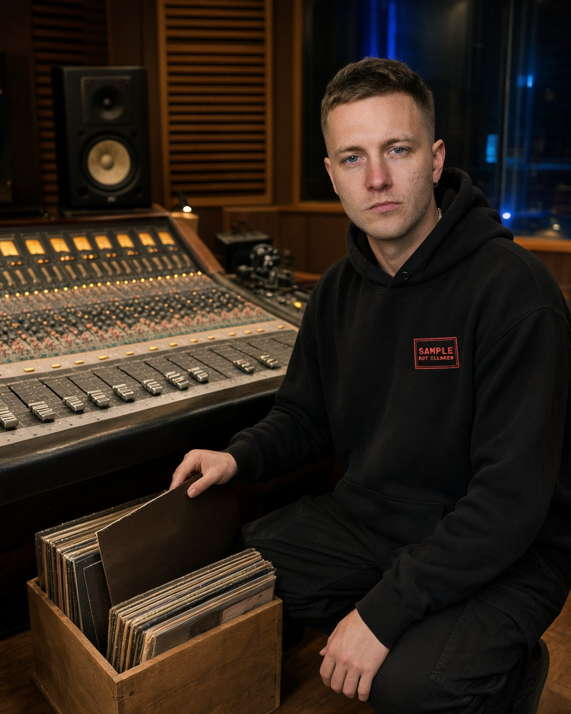 Model wearing the Sample Not Cleared Hoodie in Black