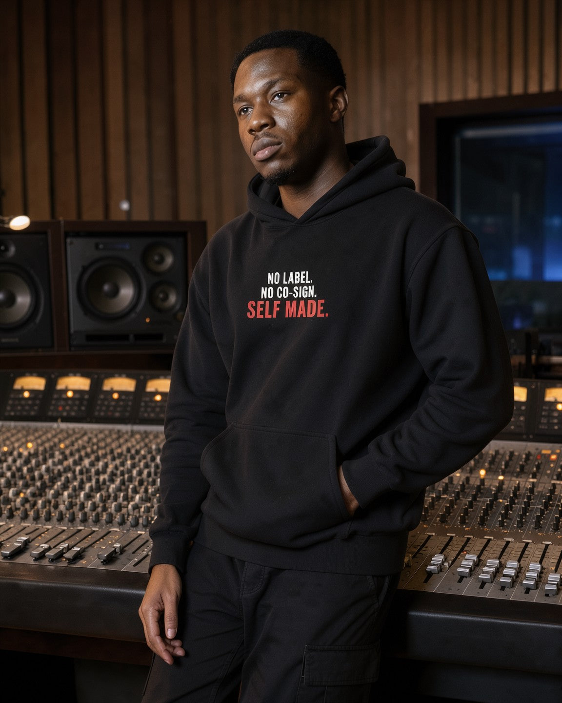 Model wearing the Self Made Hoodie in Black