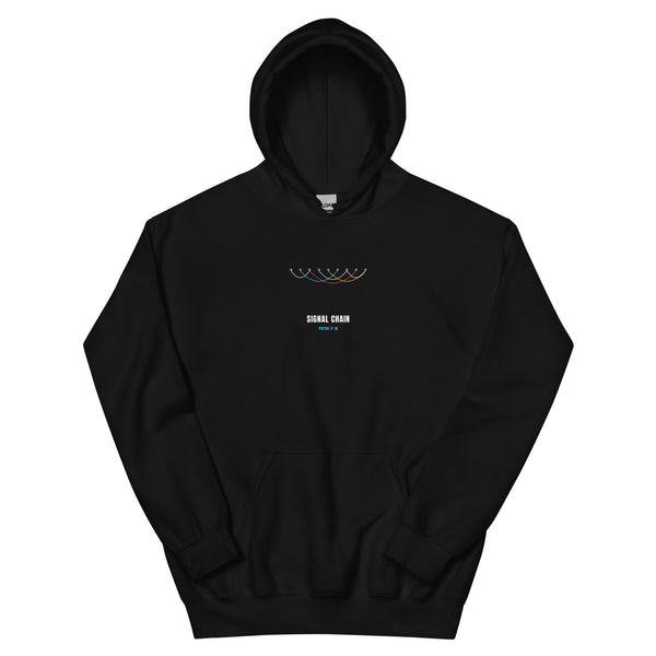 Black hoodie with a patchbay of colorful looping patch cables and 'SIGNAL CHAIN' — Ghostnote audio engineer streetwear, flat front