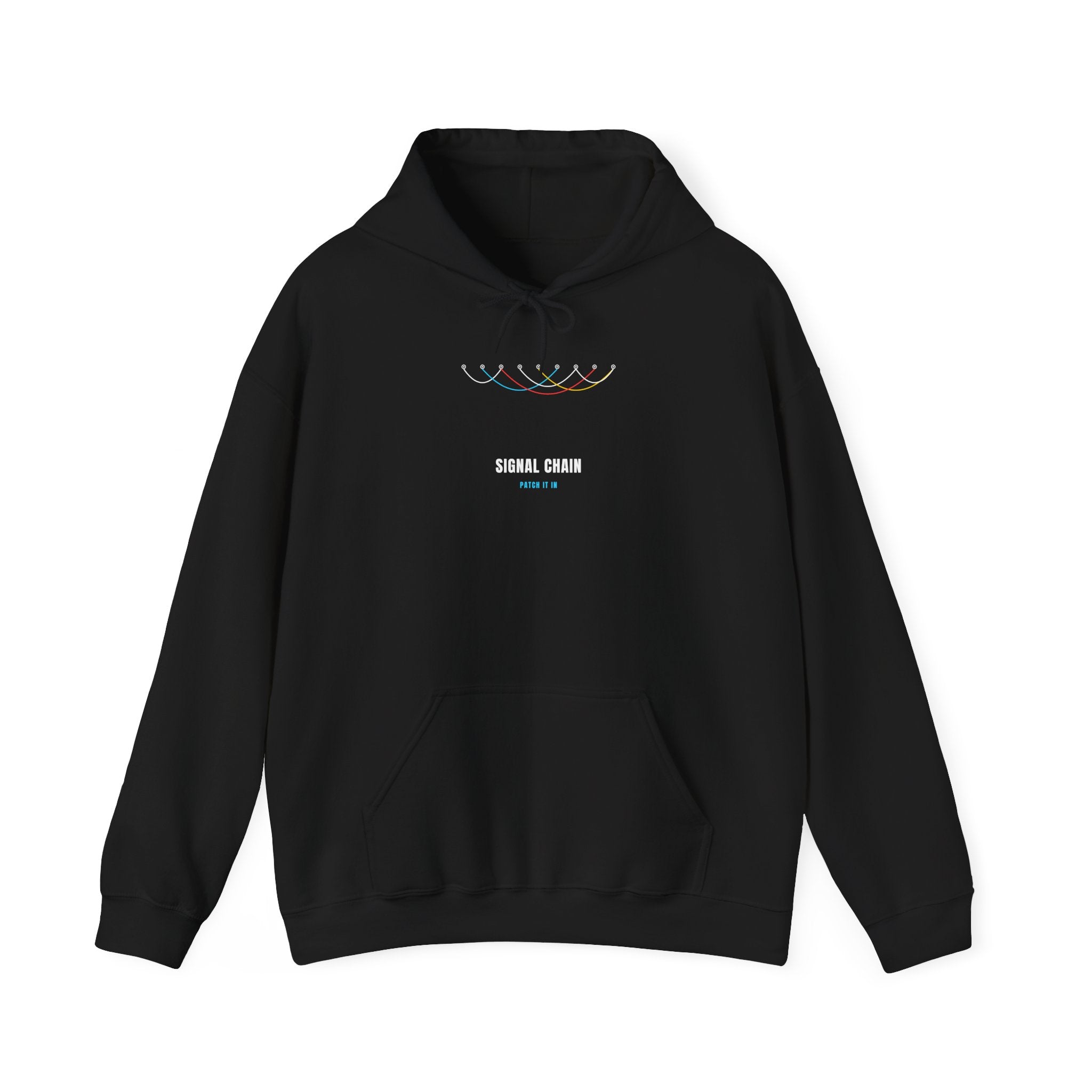 Black hoodie with a patchbay of colorful looping patch cables and 'SIGNAL CHAIN' — Ghostnote audio engineer streetwear