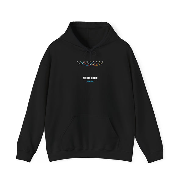 Black hoodie with a patchbay of colorful looping patch cables and 'SIGNAL CHAIN' — Ghostnote audio engineer streetwear, flat front
