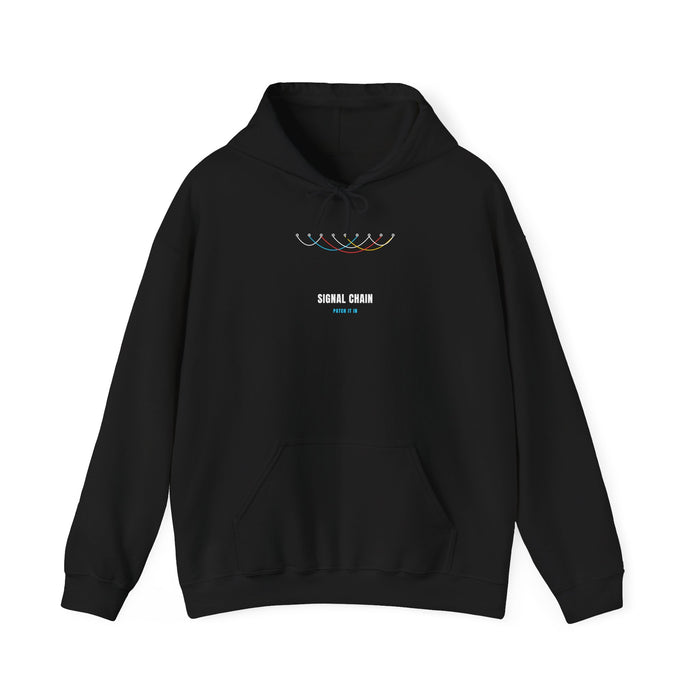 Black hoodie with a patchbay of colorful looping patch cables and 'SIGNAL CHAIN' — Ghostnote audio engineer streetwear