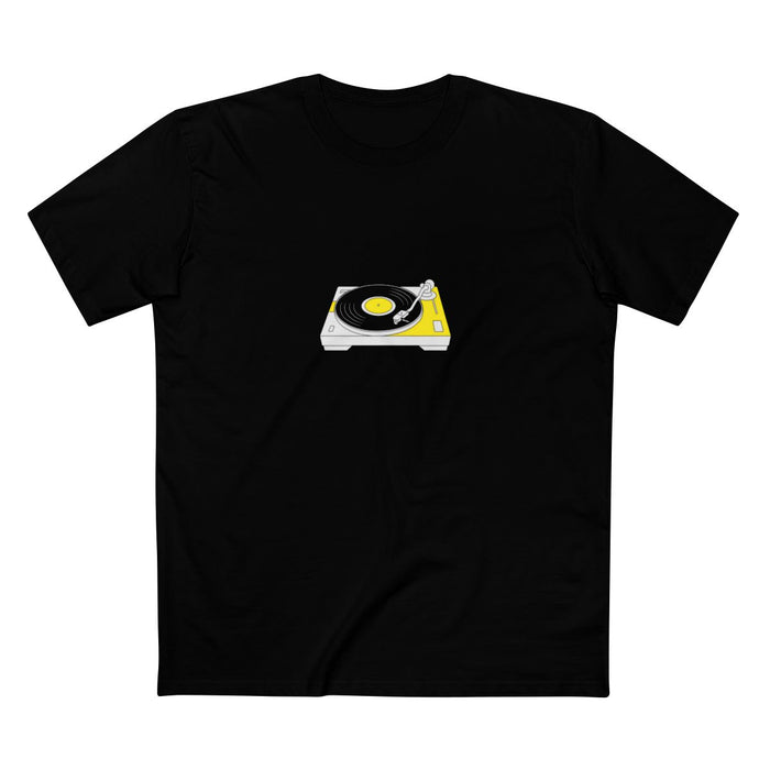 Black t-shirt with a white-and-yellow illustration of a turntable and vinyl record — Ghostnote hip-hop DJ streetwear tee